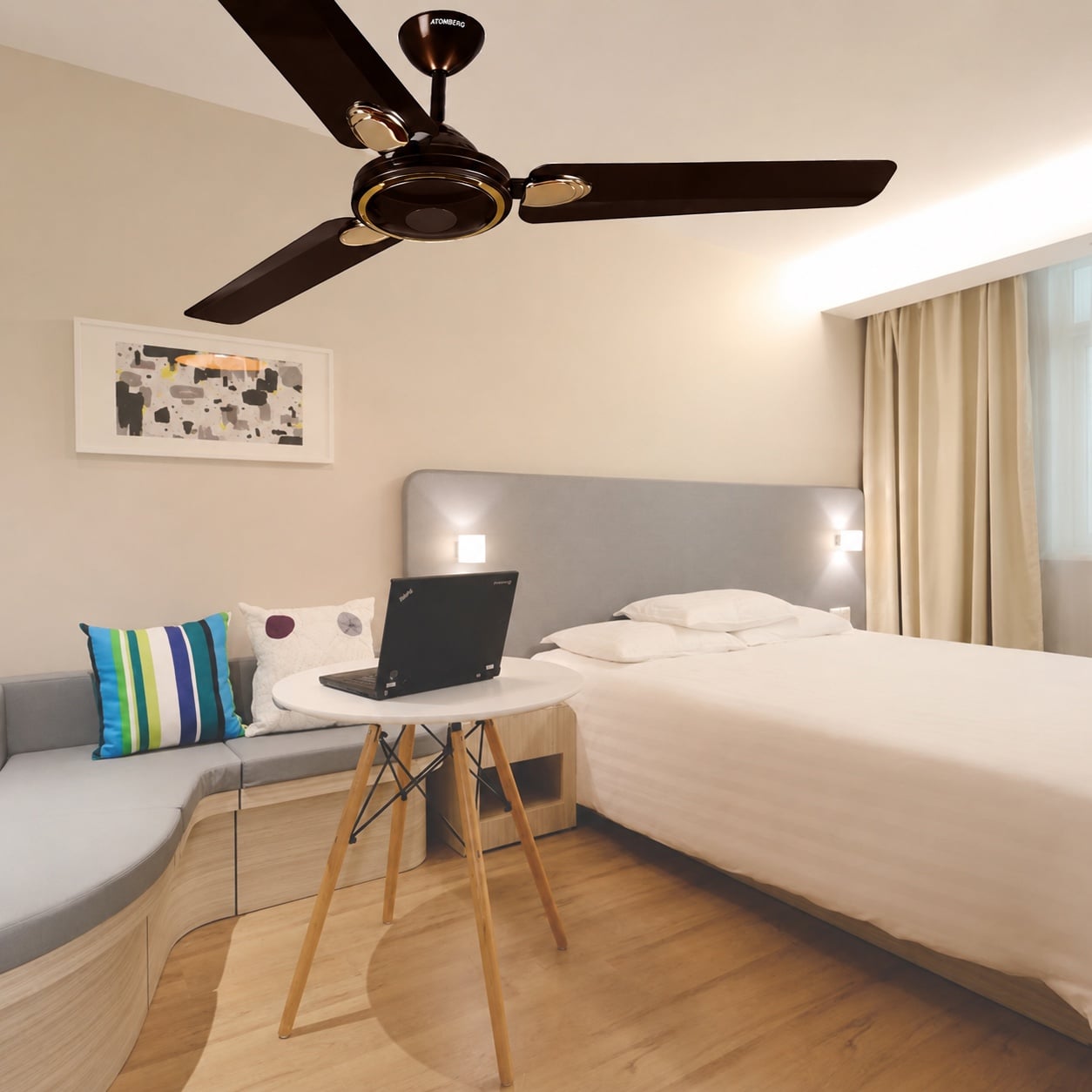 An Atomberg BLDC ceiling fan installed in a home